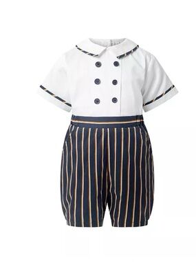 Rachel Riley Baby Boy Navy Stripe Double Breasted Romper | Peter Pan Collar